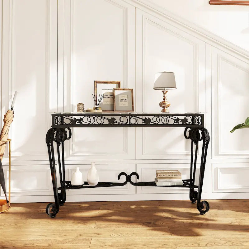 Modern Glass and Metal Console Table for Entryway with Storage and Easy Assembly