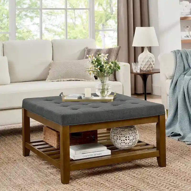 Upholstered Coffee Table Tufted Linen Large Square Ottoman with Beech Wood Shelf and Frame,Oversized Footrest Ottoman