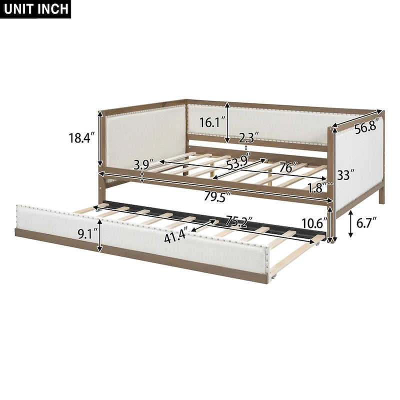 Divã estofado Full Size com cama auxiliar e acabamento com tachas