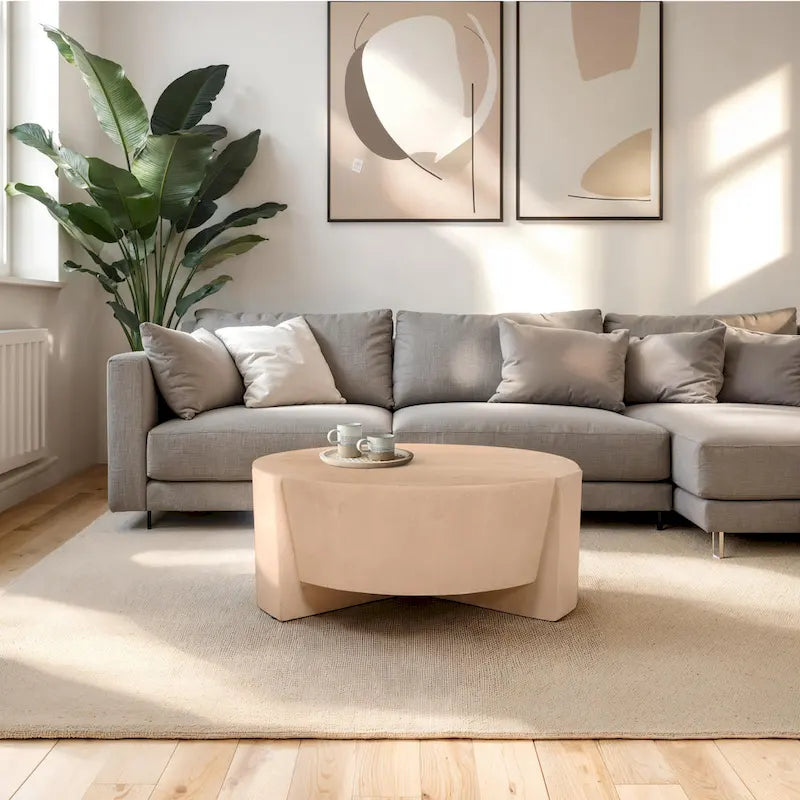 Joana Coffee Table, 35 Inch Round Drum Shape with 3 Legs, Sandblasted Natural Brown Mango Wood