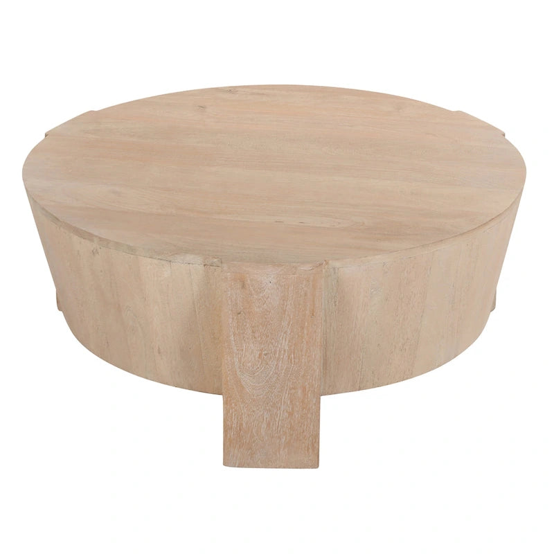 Round Mango Wood Coffee Table, Natural Brown, 35 Inch