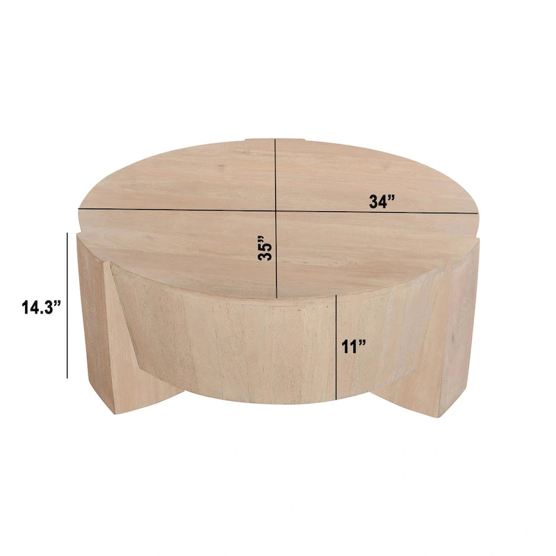 Round Mango Wood Coffee Table, Natural Brown, 35 Inch