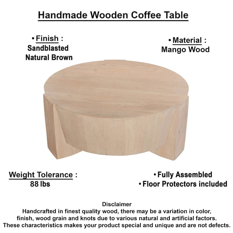 Round Mango Wood Coffee Table, Natural Brown, 35 Inch