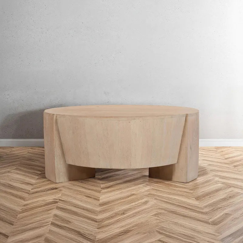 Round Mango Wood Coffee Table, Natural Brown, 35 Inch