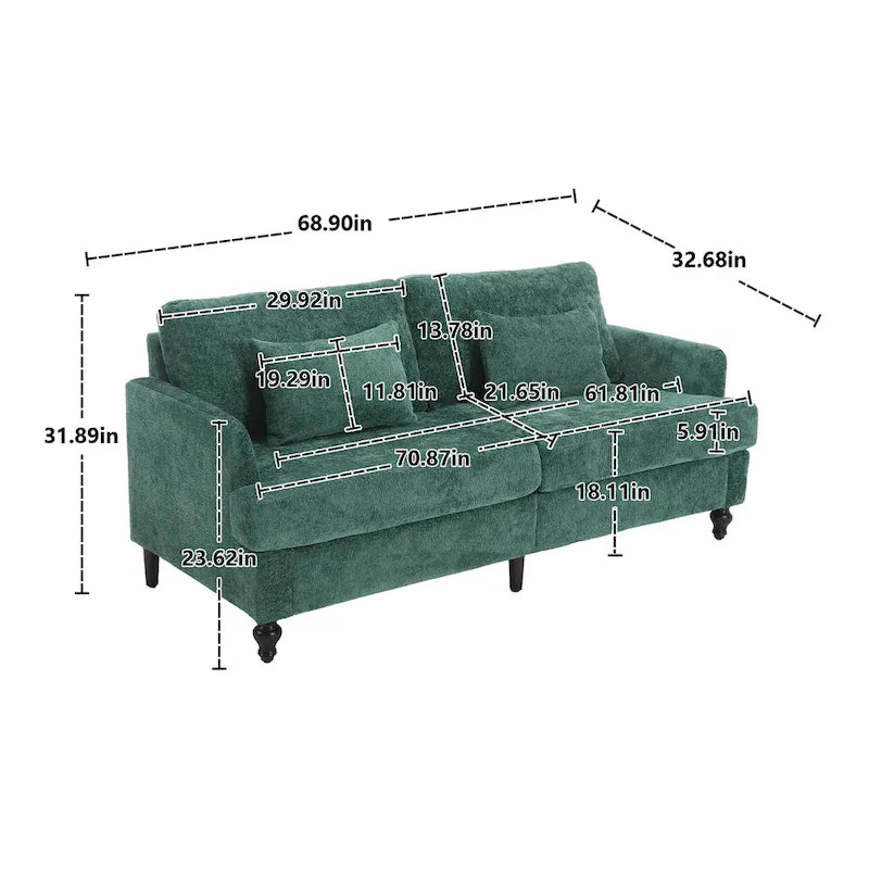 Canapé 2 places vert en chenille avec coussins d'assise amovibles