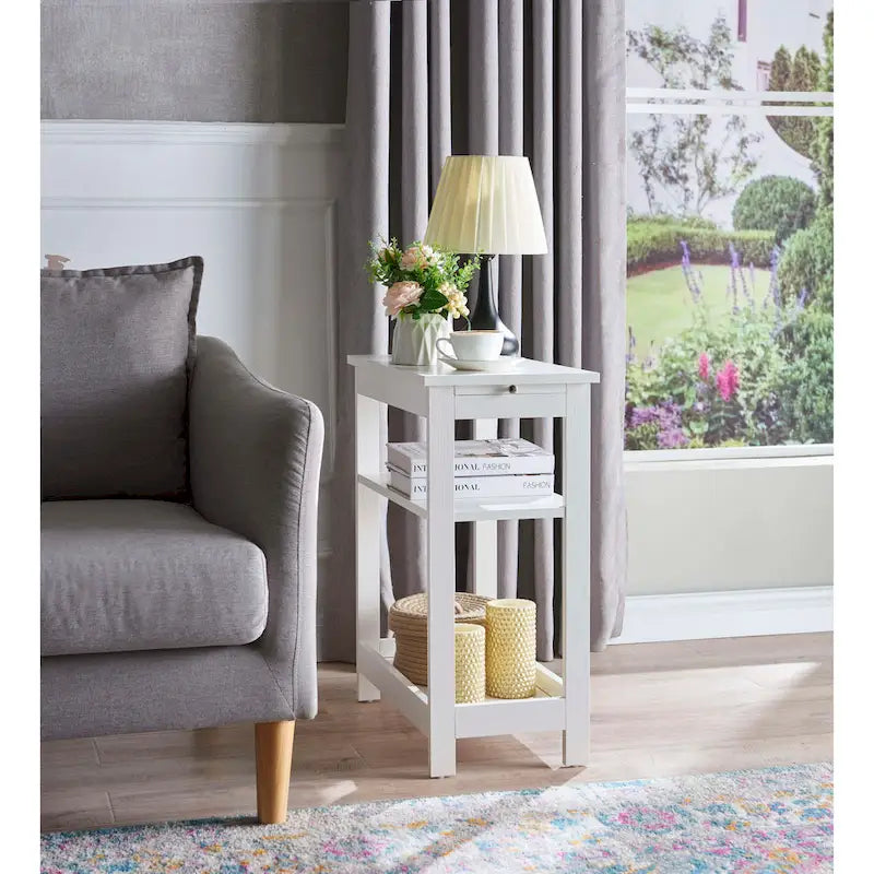 Slim Side End Table with Storage Shelves & Pull-Out Tray, White