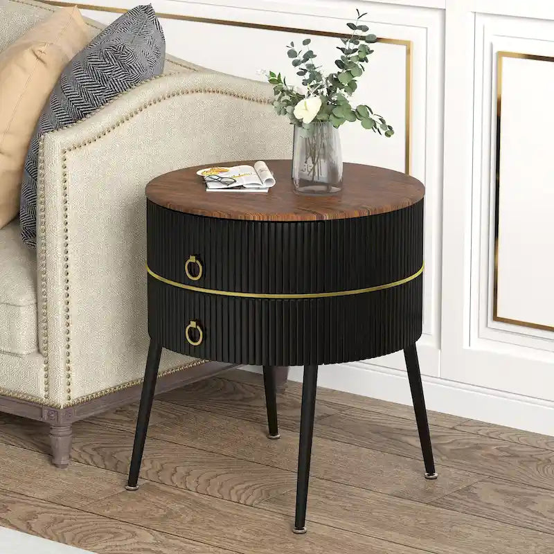 Tavolino rotondo con 2 cassetti contenitori, comodino a forma di botte per soggiorno e camera da letto