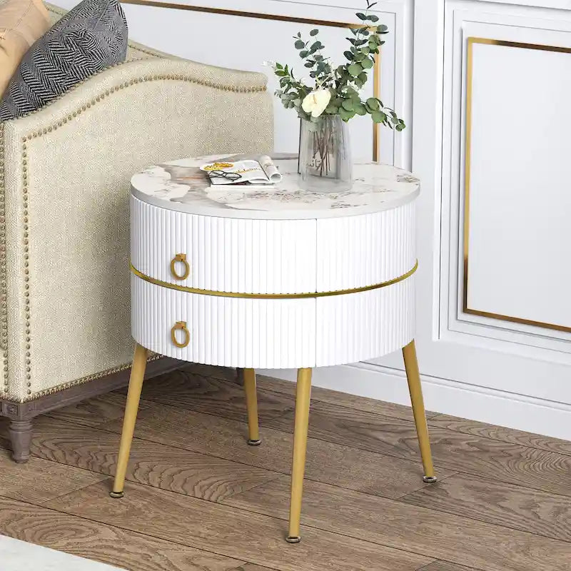Mesa de apoio redonda com 2 gavetas de arrumação, mesa de cabeceira em forma de barril para a sala de estar e o quarto
