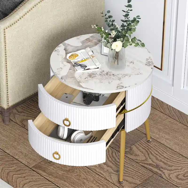 Tavolino rotondo con 2 cassetti contenitori, comodino a forma di botte per soggiorno e camera da letto