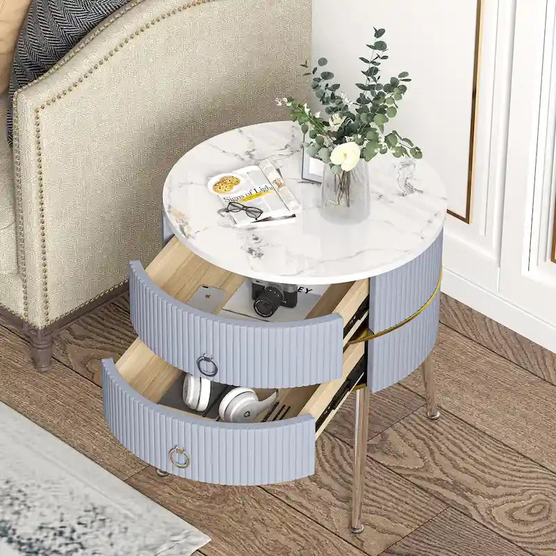 Tavolino rotondo con 2 cassetti contenitori, comodino a forma di botte per soggiorno e camera da letto