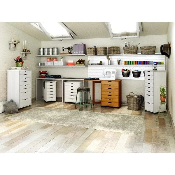 Wood Rolling Storage Cart with 6 Shallow and 2 Deep Drawers, White