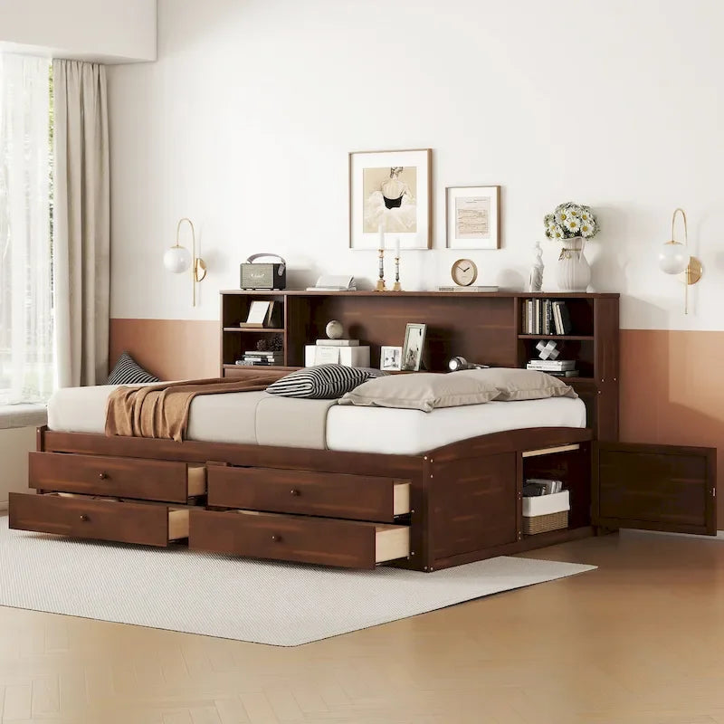 Cama de casal em madeira com cabeceira-estante e arrumação, castanho antigo