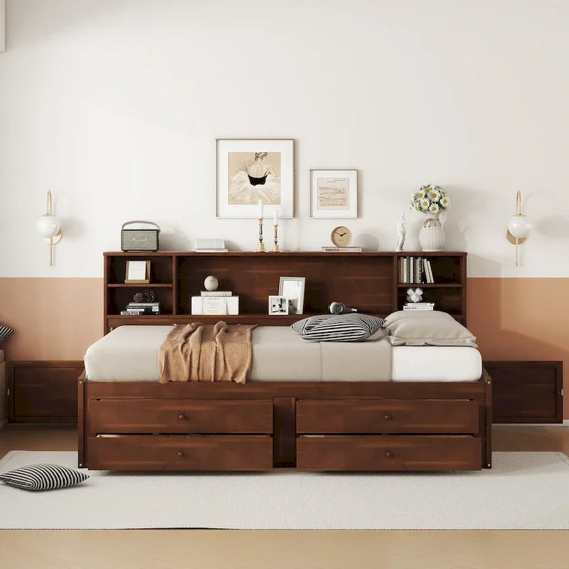 Cama de casal em madeira com cabeceira-estante e arrumação, castanho antigo