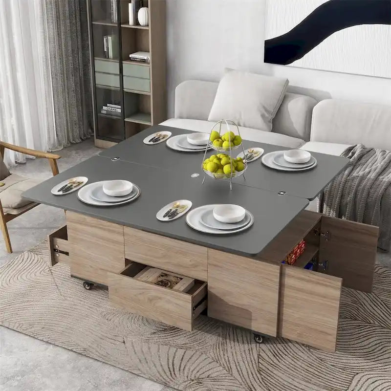Hub-Couchtisch mit Schubladen und Ablageflächen