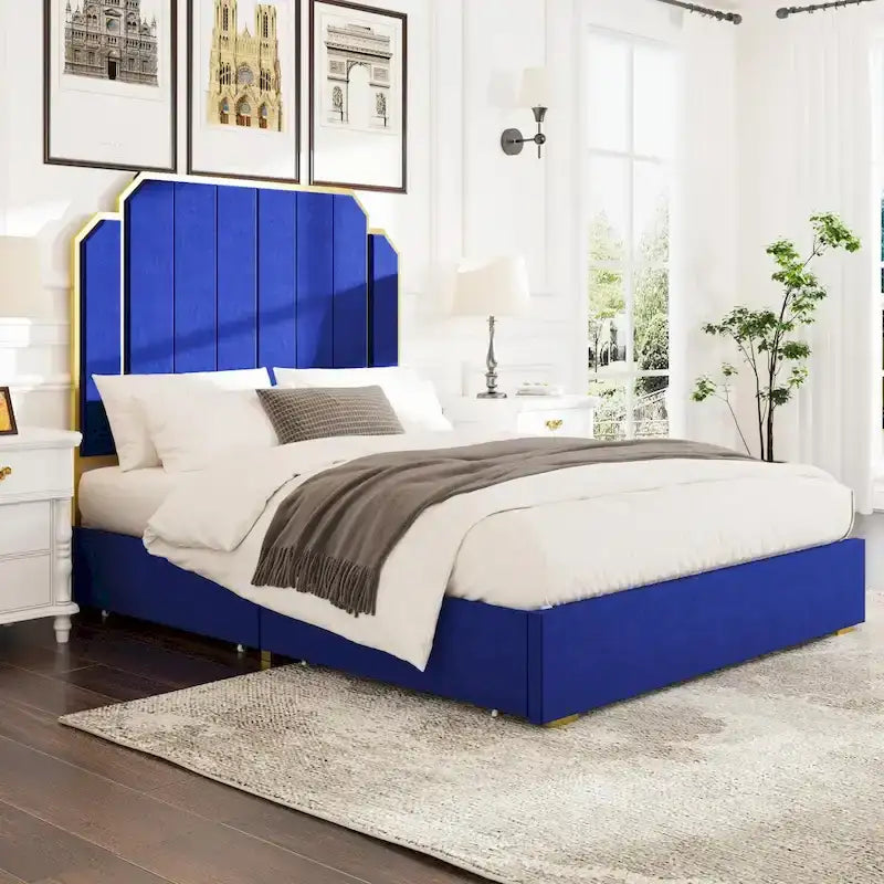 Estrutura de cama estofada de casal com cabeceira canelada de 59" e 4 gavetas de arrumação
