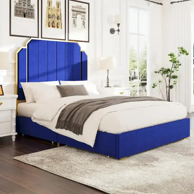 Estrutura de cama estofada de casal com cabeceira canelada de 59" e 4 gavetas de arrumação