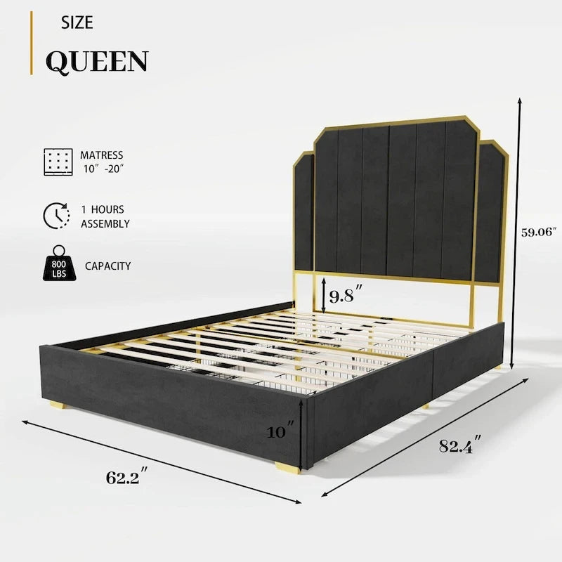 Gepolstertes Queensize-Bettgestell mit 59"-Kopfteil mit Rillenmuster und 4 Schubladen