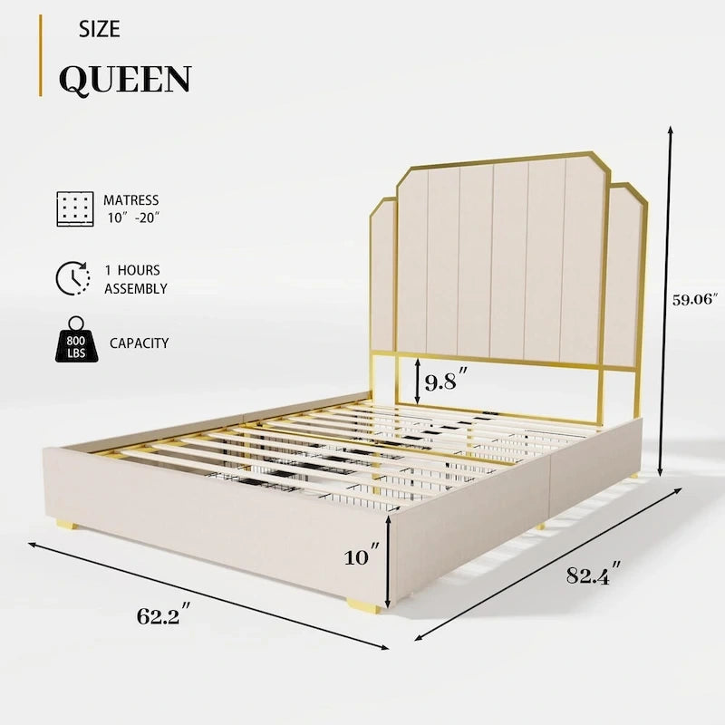 Gepolstertes Queensize-Bettgestell mit 59"-Kopfteil mit Rillenmuster und 4 Schubladen