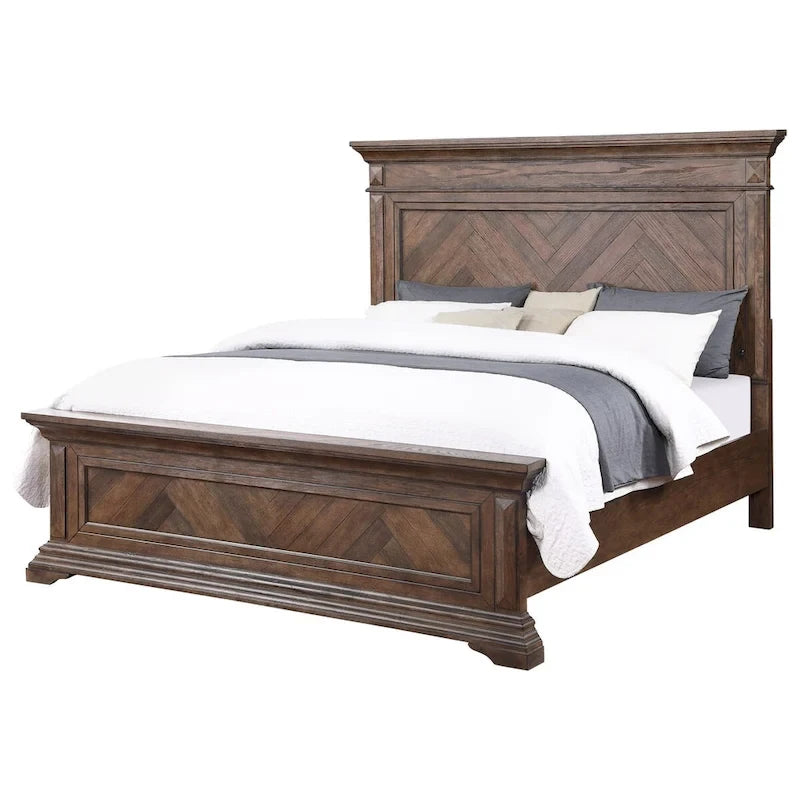 Marv Queen Size Bed, Parquet Pattern, Traditional Style, Brushed Brown Wood
