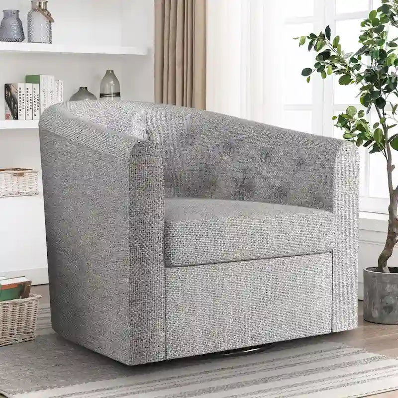 Poltroncina decorativa girevole in tessuto con trapuntatura a bottoni