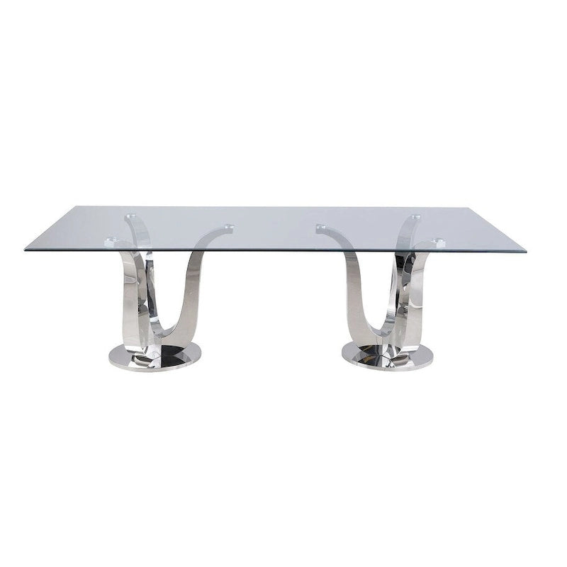 Rechthoekige glazen eettafel met dubbele tulpvoet - zilverkleurig