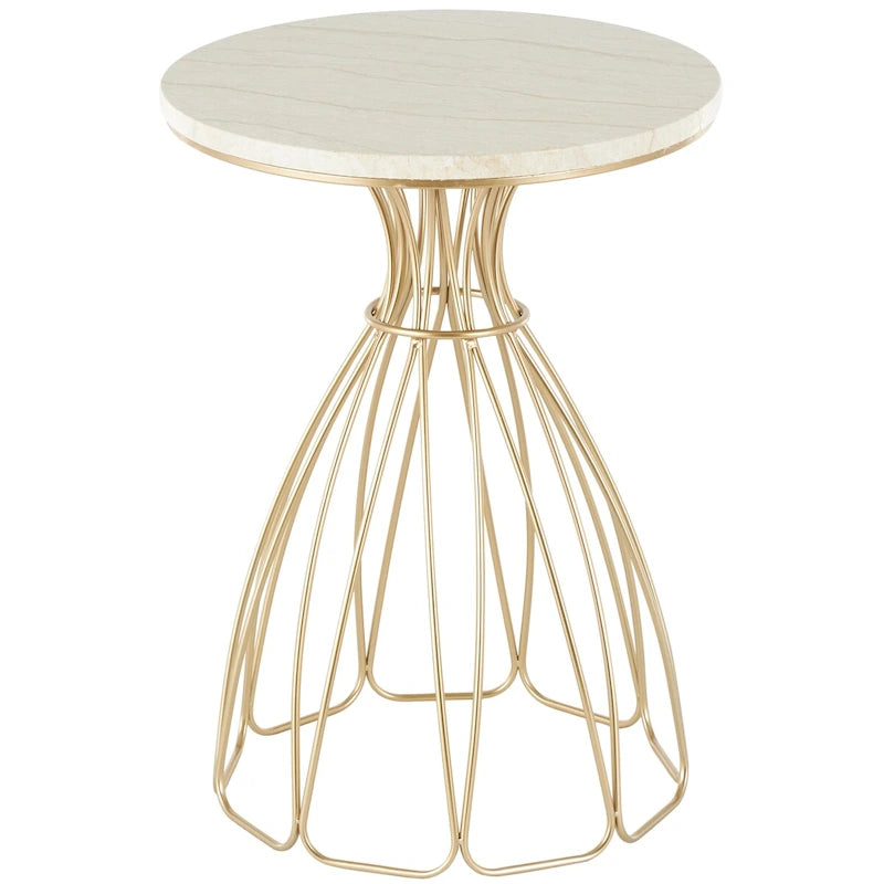 Mesa de apoio dourada inspirada numa flor, com tampo de mármore creme