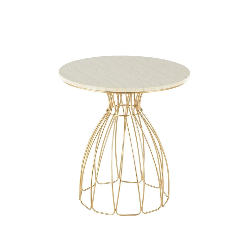 Mesa de apoio dourada inspirada numa flor, com tampo de mármore creme
