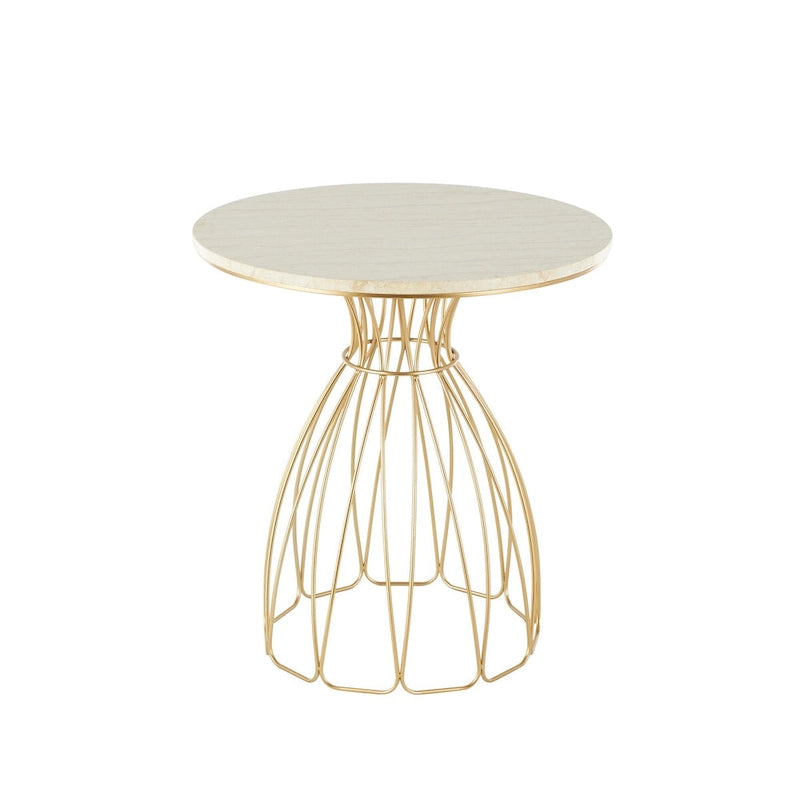 Table d’appoint dorée inspirée d’une fleur avec plateau en marbre crème