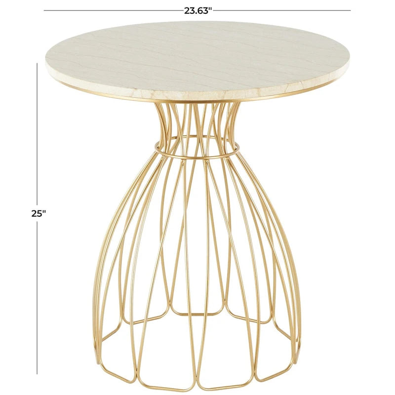 Table d’appoint dorée inspirée d’une fleur avec plateau en marbre crème
