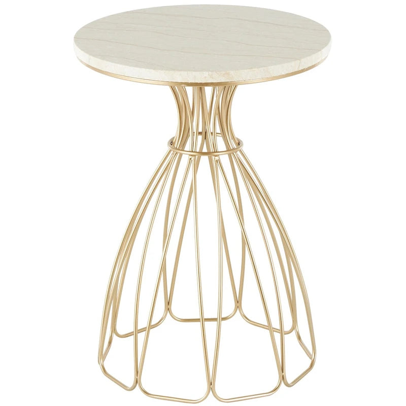 Table d’appoint dorée inspirée d’une fleur avec plateau en marbre crème