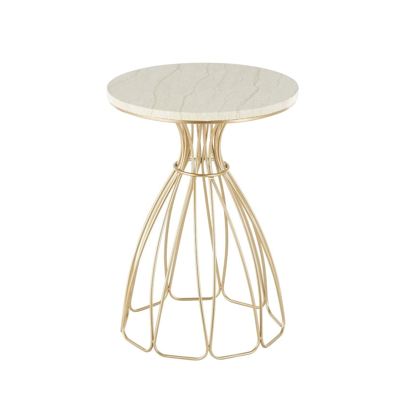 Table d’appoint dorée inspirée d’une fleur avec plateau en marbre crème