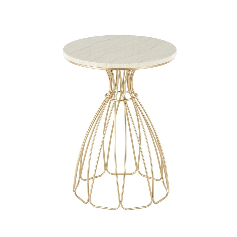 Table d’appoint dorée inspirée d’une fleur avec plateau en marbre crème