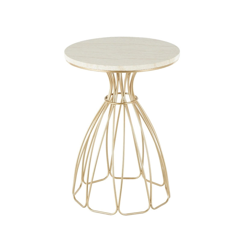 Table d’appoint dorée inspirée d’une fleur avec plateau en marbre crème